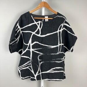 Igor Dobranic‎ Linen Abstract Boxy Top Artsy Minimalist Blouse Black White M